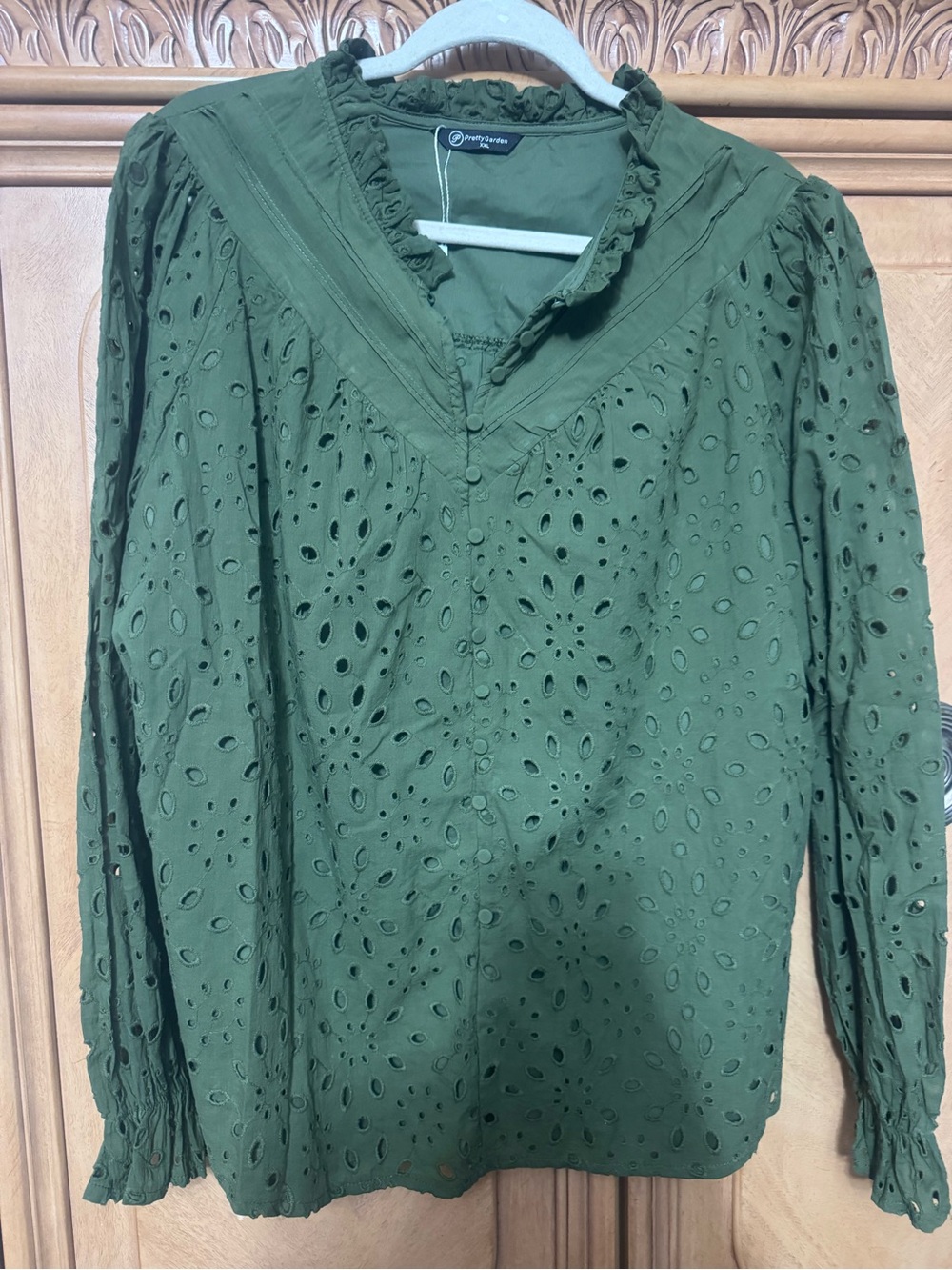 Olive Eyelet Ruffle-Trim Blouse by Anthropologie-style